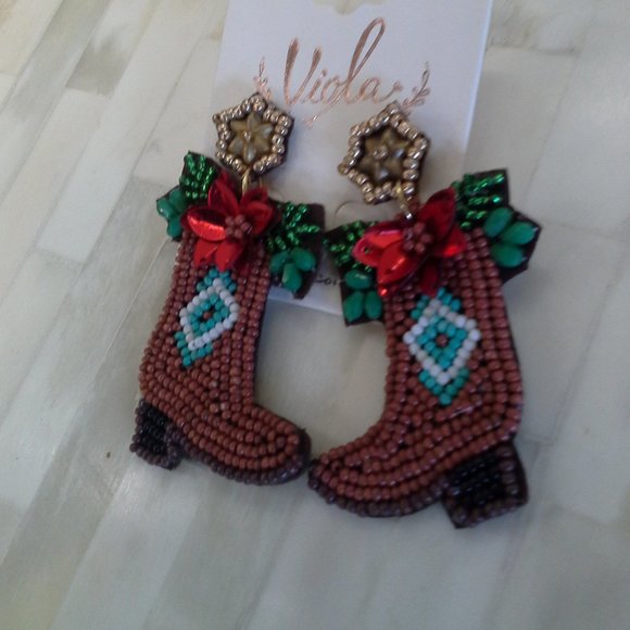 Christmas Seed Bead Western Style Boot Earrings - Picture 2 of 5